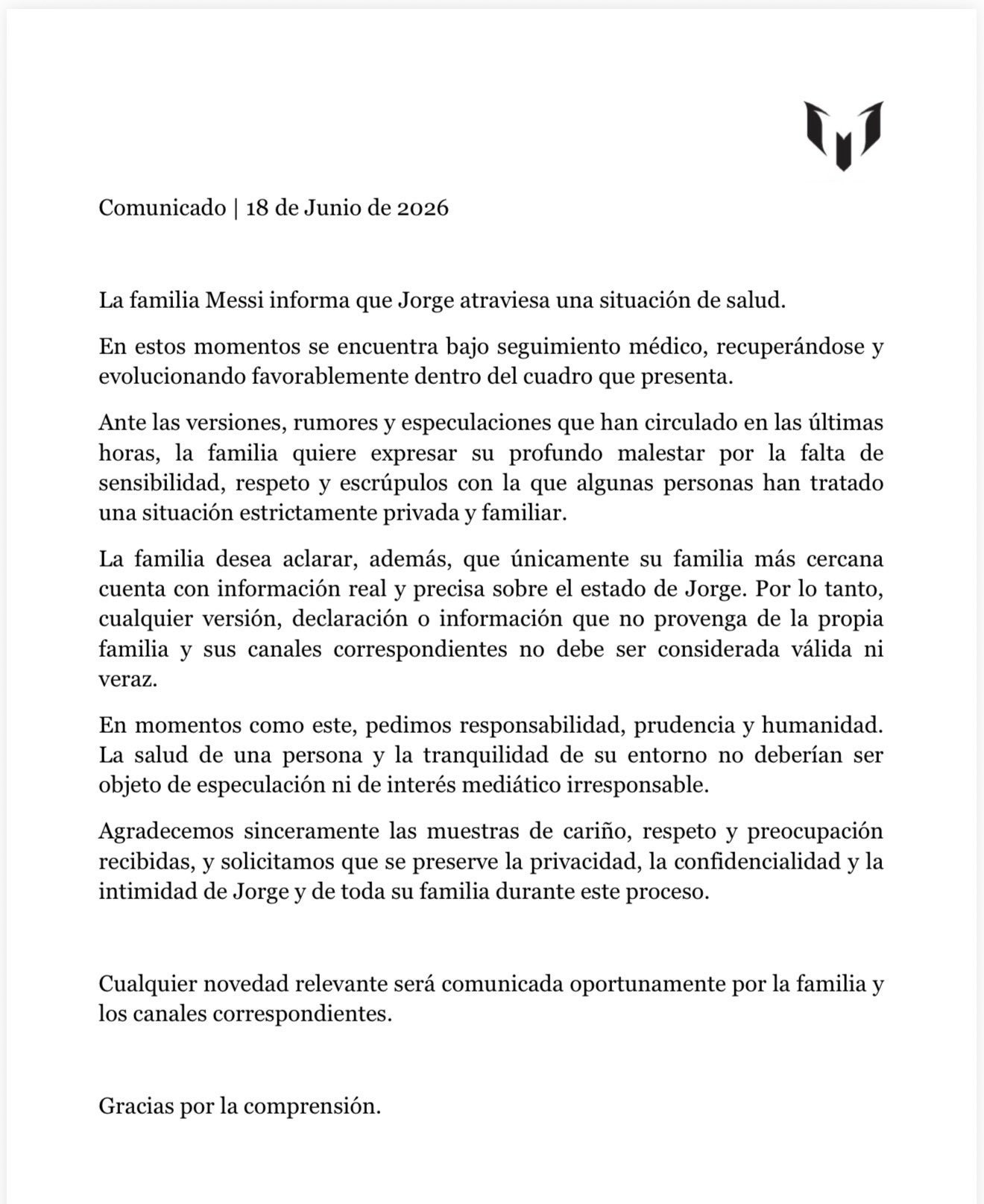 comunicado-familia-messi- Familia de Lionel Messi rompe el silencio por salud del padre